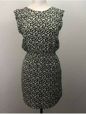 HM Womens Floral Mini Ruffle Sleeve Dress Cream Black Yellow Cinched Waist Sz 6